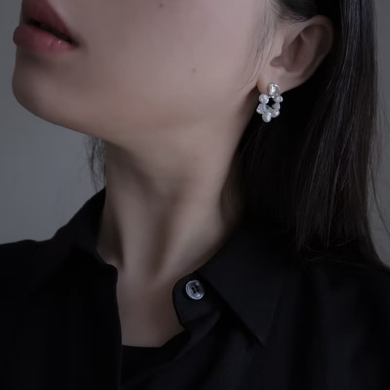 925純銀 原焠花圈 白水晶 淡水珍珠 耳環 耳夾 一對 免費送禮包裝