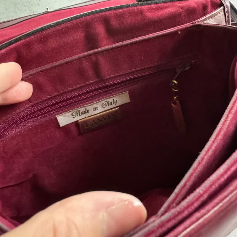 中古美品 法國 Lanvin 浪梵 真皮風琴包 母女標誌 兩用斜背 酒紅