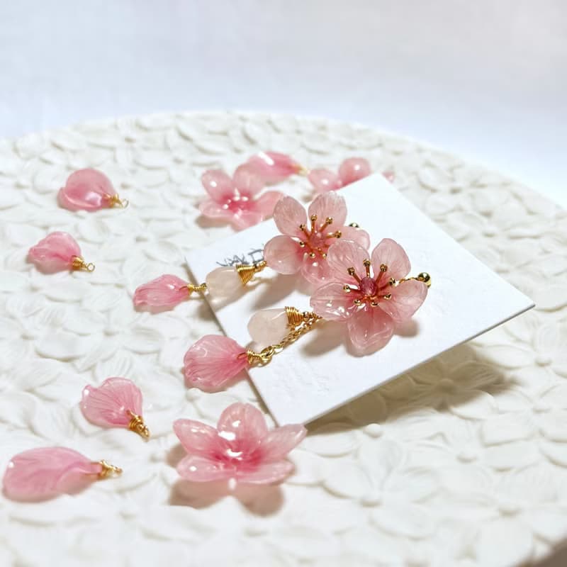【若桑】昭和櫻。櫻花/粉水晶耳環。3月誕生花