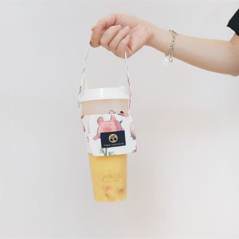 無塑生活環保飲料提袋 隨身鑰匙圈手搖杯套-客家小炒 吸管魚 木瓜