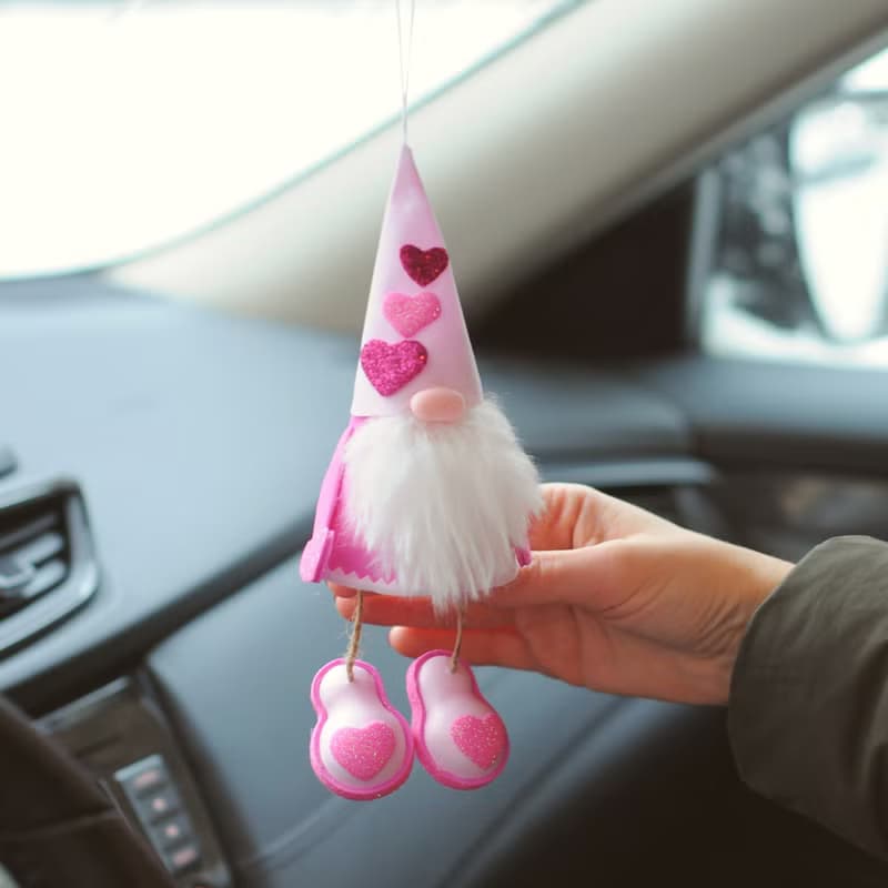 Handmade pink gnome. Cute car accessory. Valentines car mirror decor. Lover gift