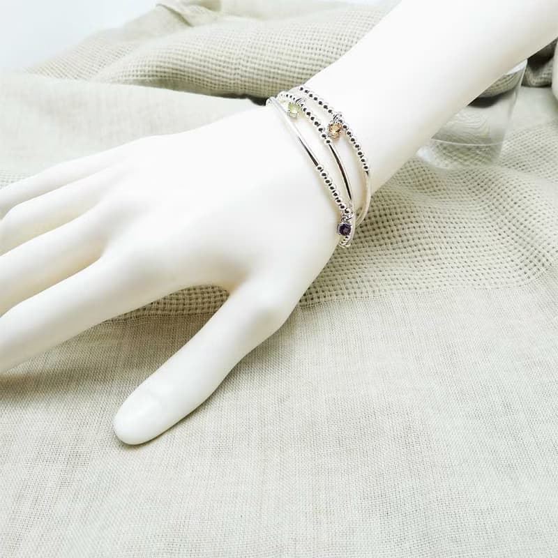 3mm 水晶銀珠銀管手鍊 二月 十一月生日石 手工水晶手鍊 彈性手圍