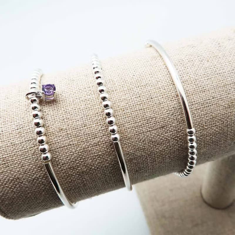 3mm 水晶銀珠銀管手鍊 二月 十一月生日石 手工水晶手鍊 彈性手圍