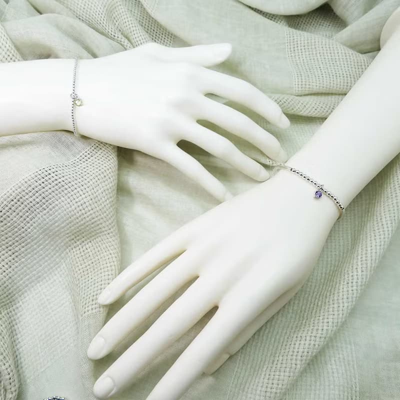 3mm 水晶銀珠銀管手鍊 二月 十一月生日石 手工水晶手鍊 彈性手圍