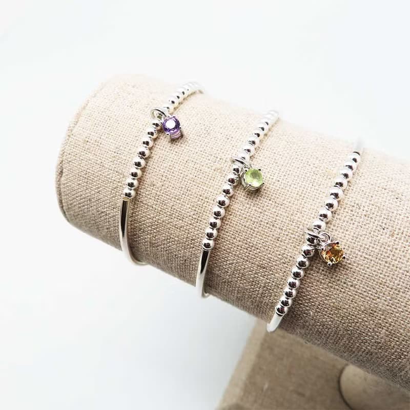 3mm 水晶銀珠銀管手鍊 二月 十一月生日石 手工水晶手鍊 彈性手圍