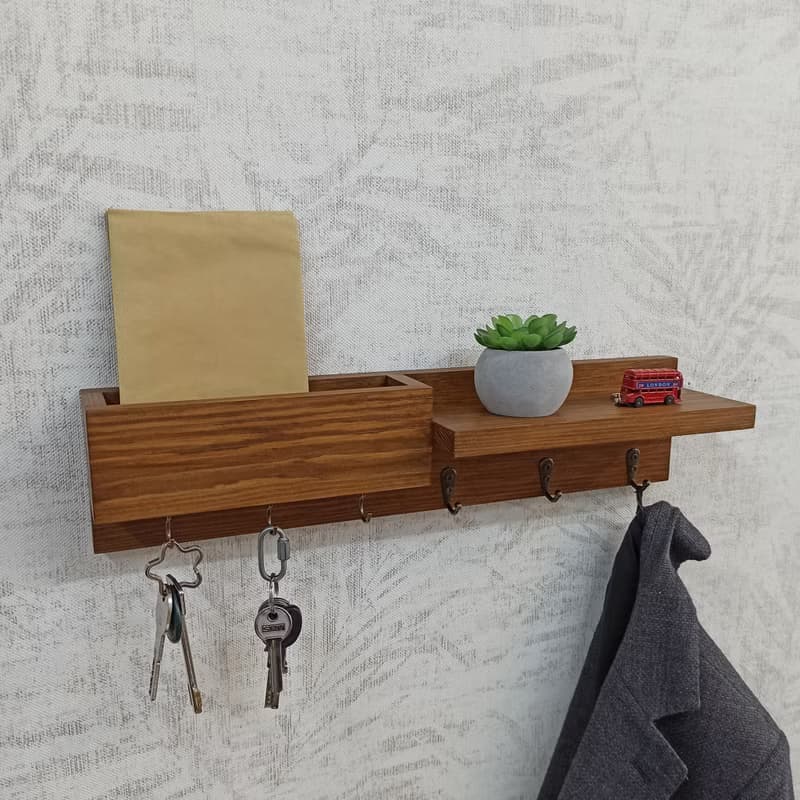 Handmade Wooden Organizer – Mail Holder & Key Hooks Shelf