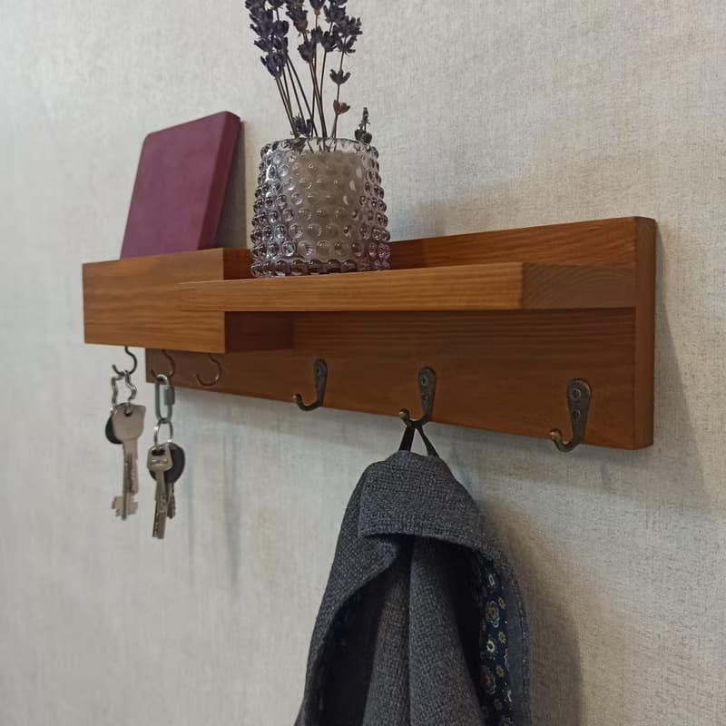 Handmade Wooden Organizer – Mail Holder & Key Hooks Shelf