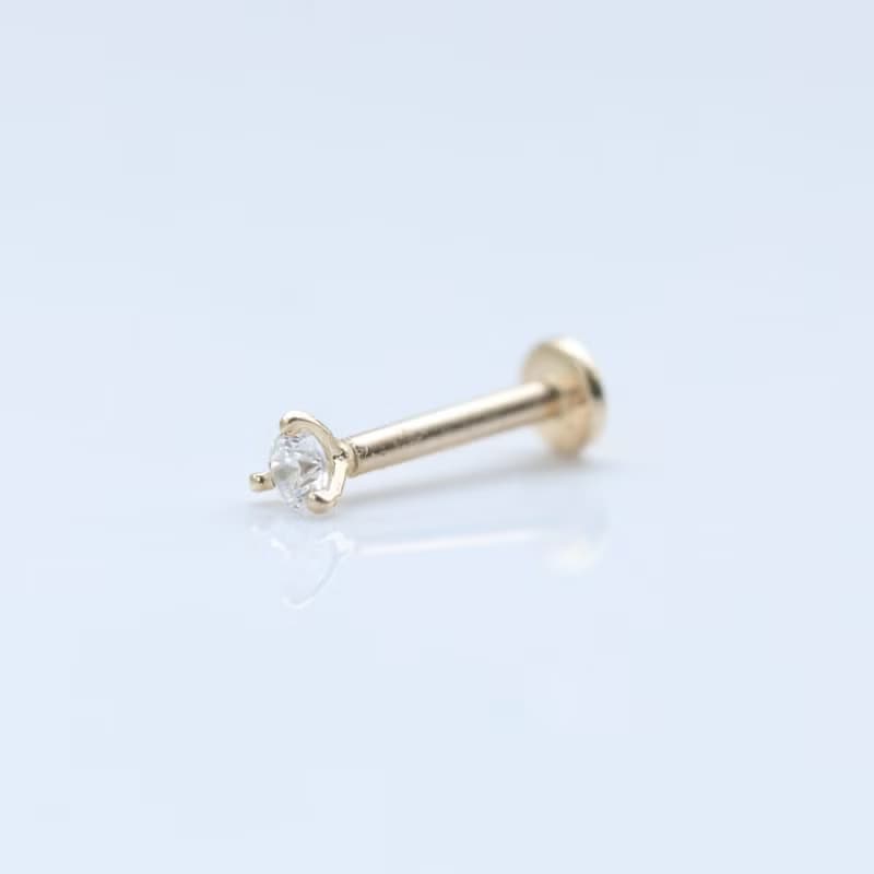 14K 三爪鑽鎖珠耳環 (前鎖 平底 圓餅) (單個)耳骨 耳窩 不褪色