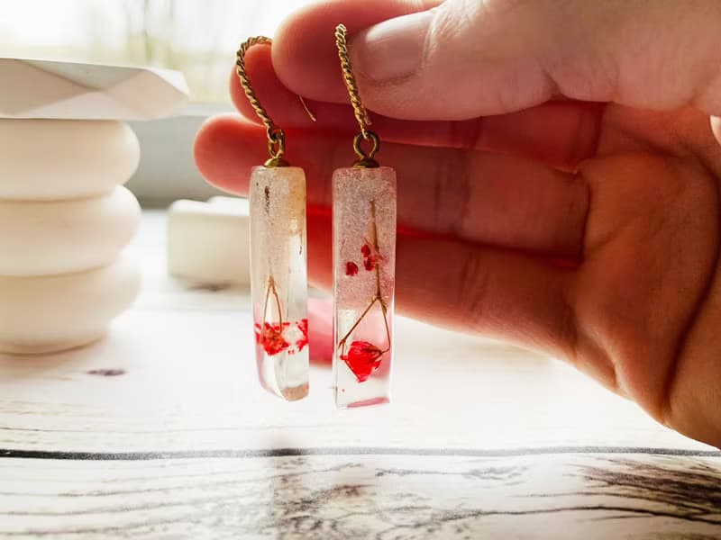 Handmade resin earrings Red Flowers, Birthday gift for women, Dangle earrings