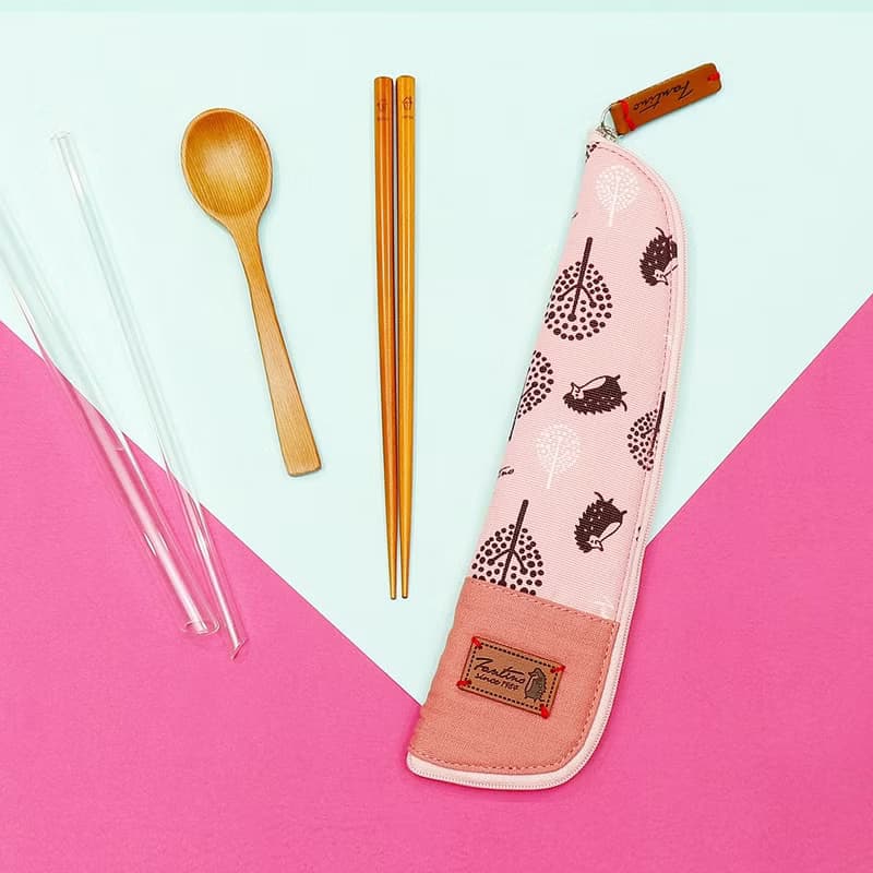 獨創布花棉麻餐具袋:櫻花粉:(叢林躲貓貓)環保餐具/減塑/畢業季