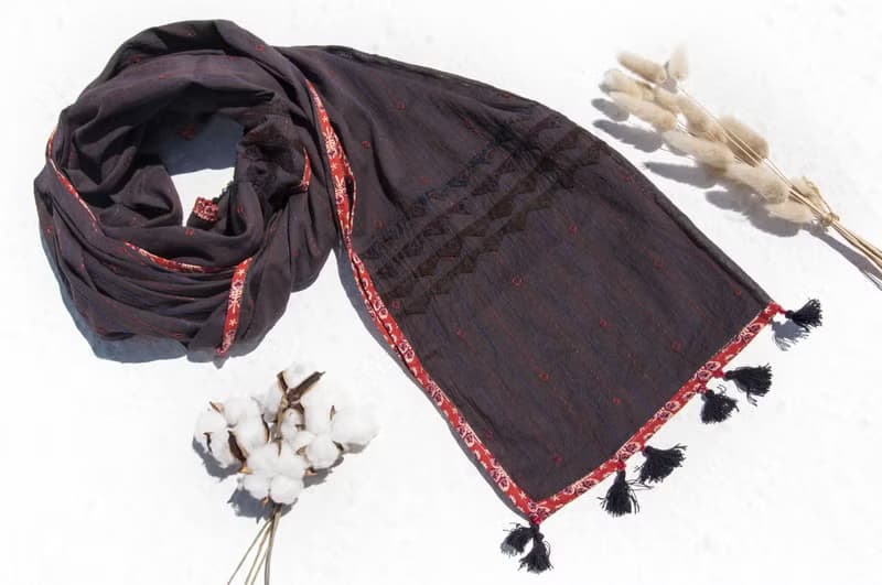 手工縫純棉絲巾/純棉刺繡圍巾/印度有機棉刺繡絲巾-沙漠風木刻印