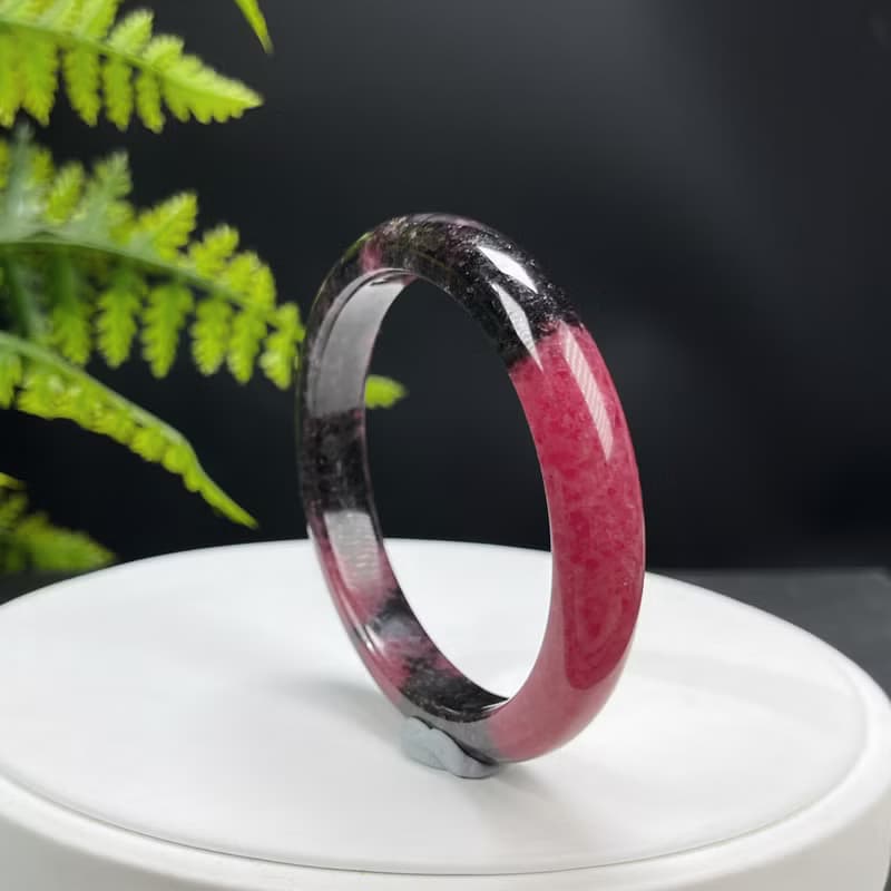 精品 巴西深玫粉薔薇輝手镯 56MM 閃片潑墨風桃花玉手環 心輪包容