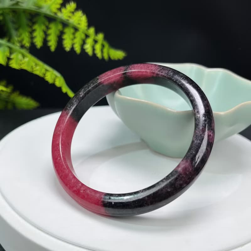 精品 巴西深玫粉薔薇輝手镯 56MM 閃片潑墨風桃花玉手環 心輪包容