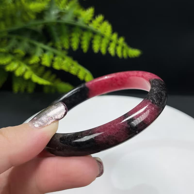 精品 巴西深玫粉薔薇輝手镯 56MM 閃片潑墨風桃花玉手環 心輪包容