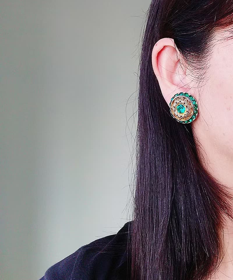 vintage jewelry  華麗宮廷風綠萊茵鑽 夾式耳環