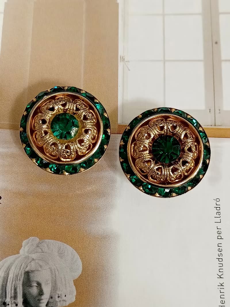 vintage jewelry  華麗宮廷風綠萊茵鑽 夾式耳環