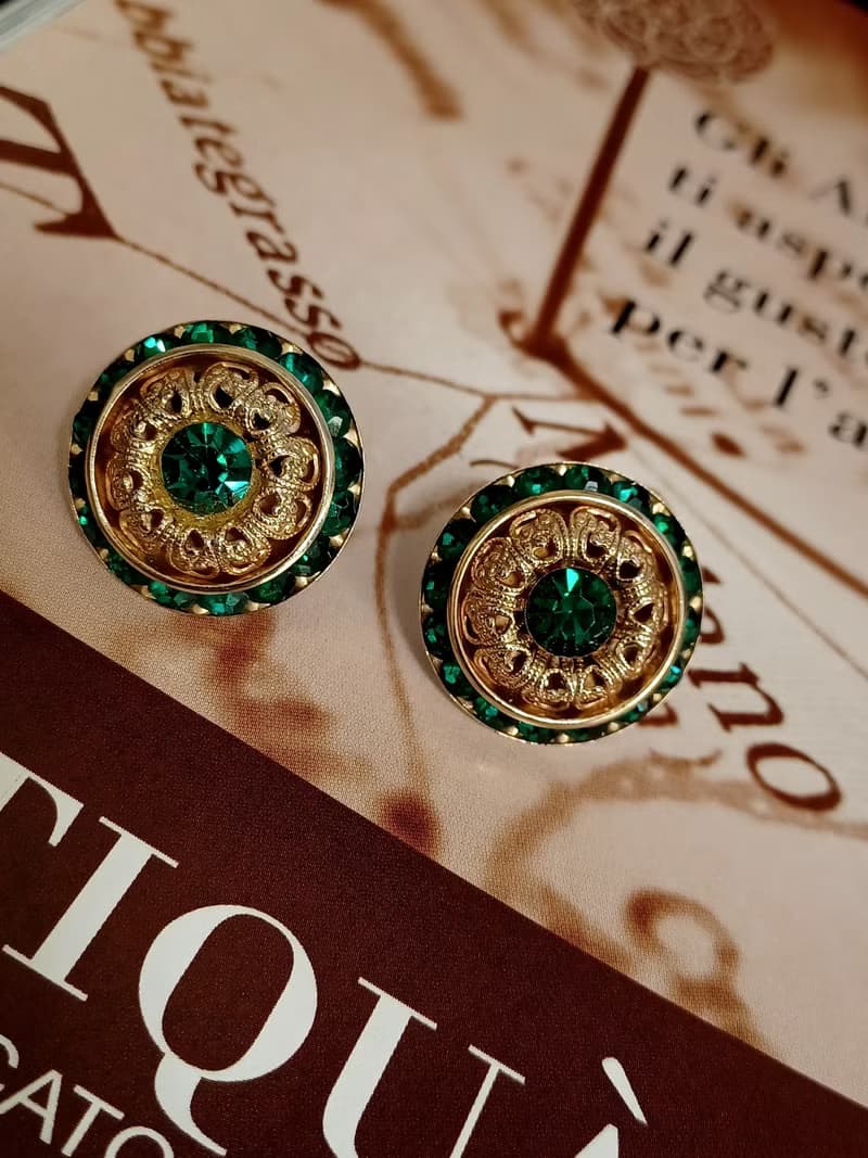 vintage jewelry  華麗宮廷風綠萊茵鑽 夾式耳環