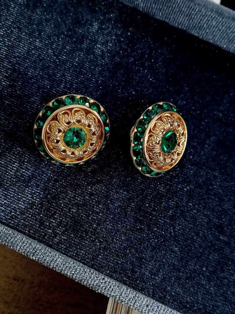 vintage jewelry  華麗宮廷風綠萊茵鑽 夾式耳環