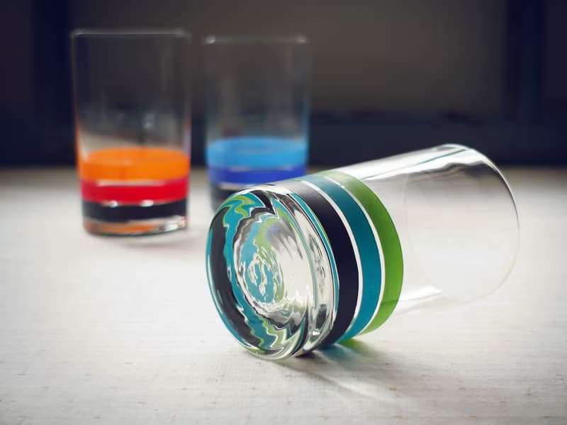 早期印花水杯-多彩線圈 (餐具/舊貨/老物/幾何/圈圈/玻璃)