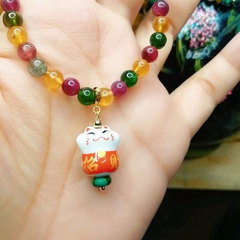 金銀財寶 14K陶招財貓綠松隨意扣