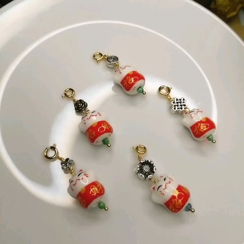 金銀財寶 14K陶招財貓綠松隨意扣