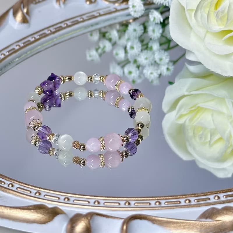 紫色童話水晶設計手鍊 - 紫水晶趴趴貓、紫鋰輝石、月光石