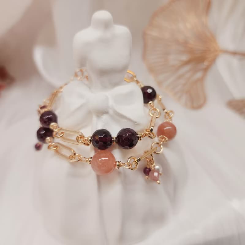 星落琥珀  紅石榴石 橙月光 紅膠花  雙圈手鍊