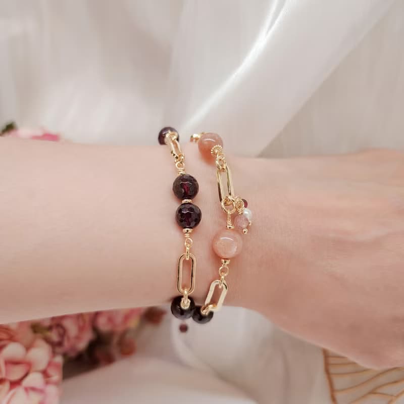 星落琥珀  紅石榴石 橙月光 紅膠花  雙圈手鍊