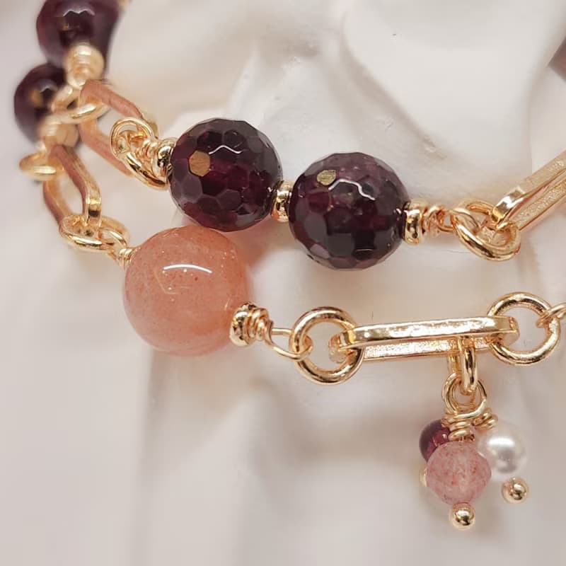 星落琥珀  紅石榴石 橙月光 紅膠花  雙圈手鍊