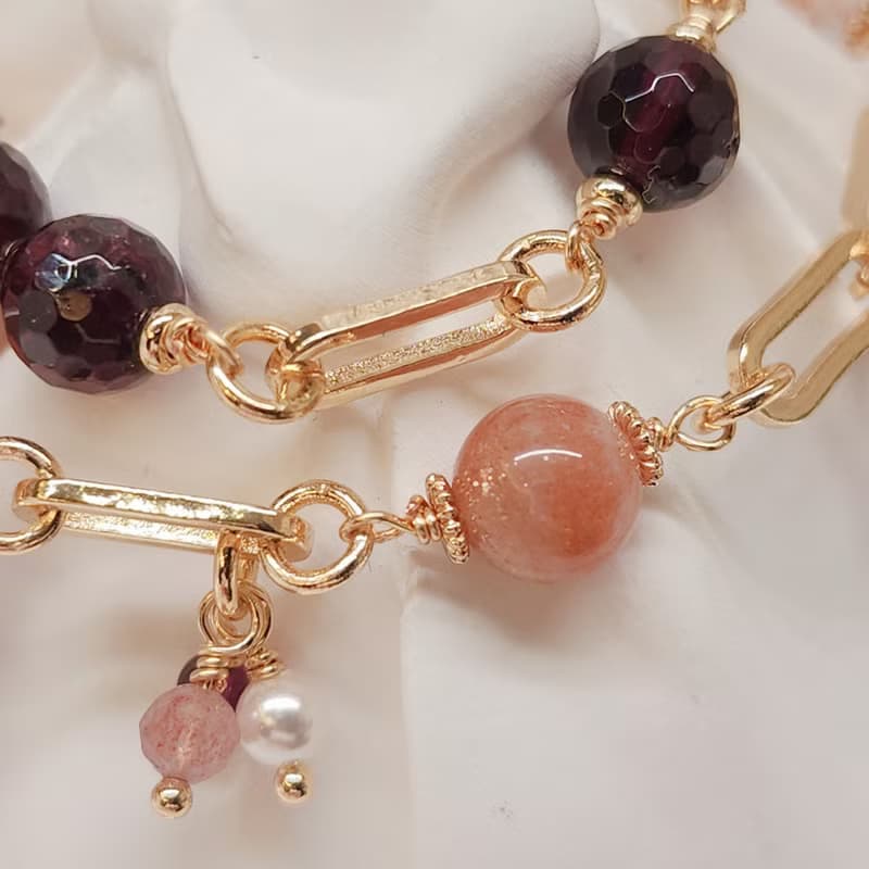 星落琥珀  紅石榴石 橙月光 紅膠花  雙圈手鍊