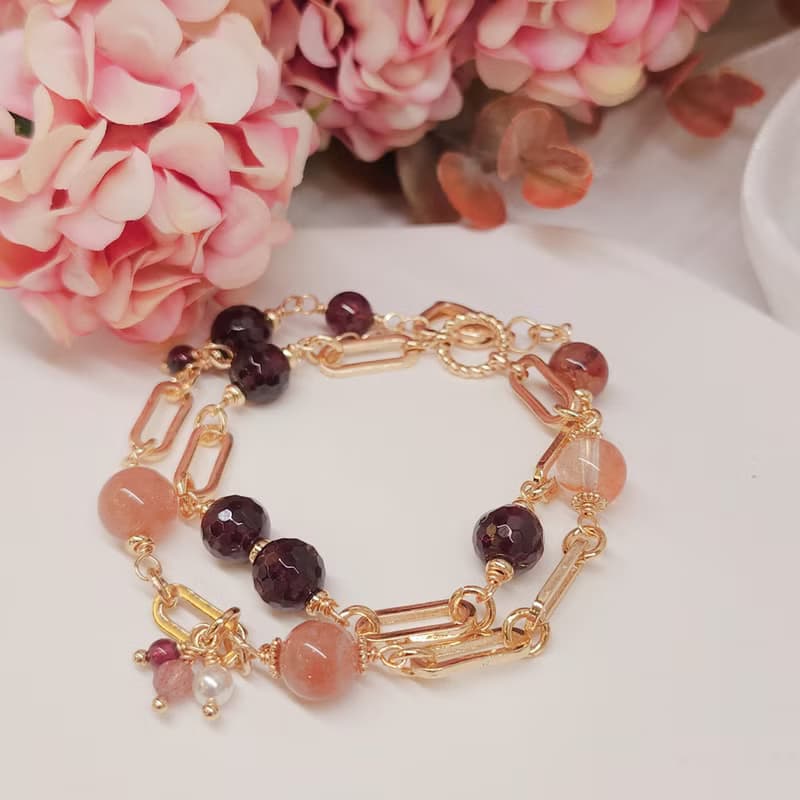 星落琥珀  紅石榴石 橙月光 紅膠花  雙圈手鍊