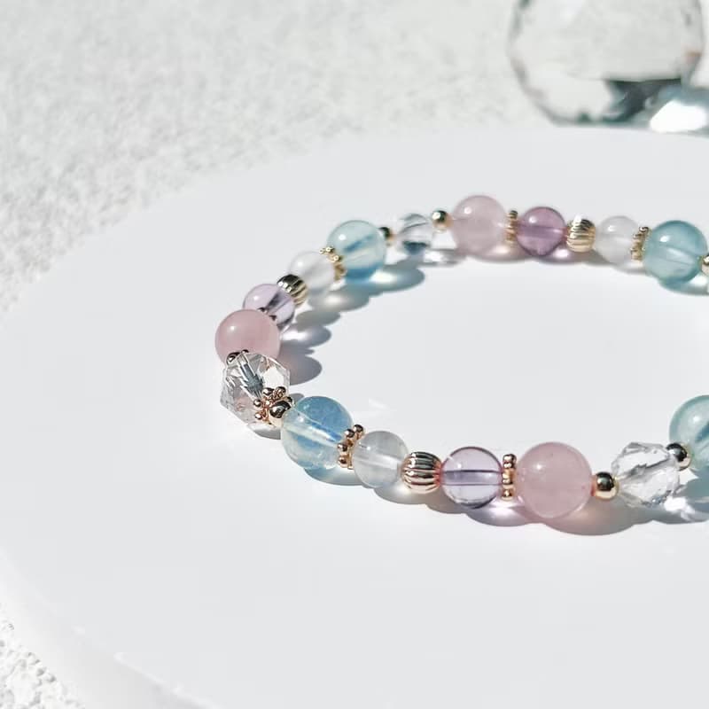 白水晶 粉晶 海藍寶 紫水晶 月光石 14K包金 天然水晶手鍊