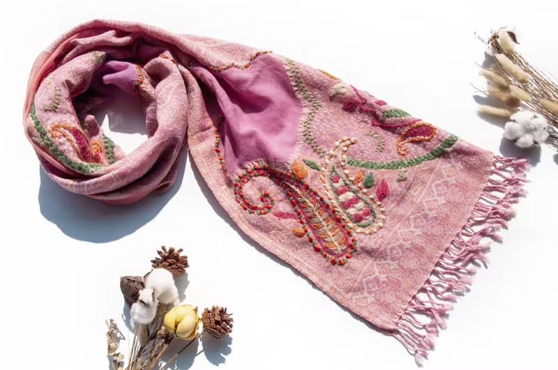 喀什米爾Cashmere/水煮羊毛披肩/針織圍巾/刺繡圍巾/羊絨披巾-花