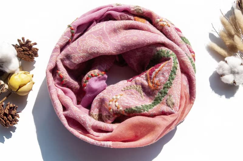 喀什米爾Cashmere/水煮羊毛披肩/針織圍巾/刺繡圍巾/羊絨披巾-花