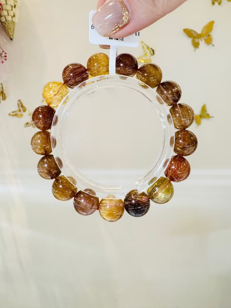 收藏拉絲順強光貓眼金銅髮晶11.7-12.7mm46.34g正財偏財正面能量