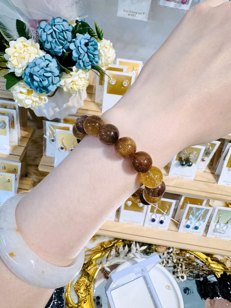 收藏拉絲順強光貓眼金銅髮晶11.7-12.7mm46.34g正財偏財正面能量