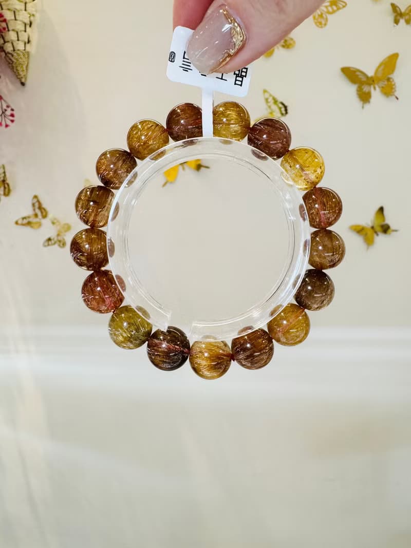 收藏拉絲順強光貓眼金銅髮晶11.7-12.7mm46.34g正財偏財正面能量