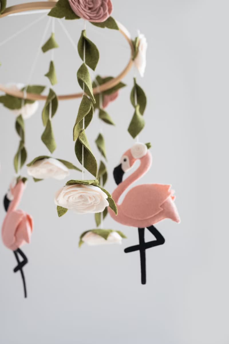 Baby mobile flamingo, pink floral mobile, nursery mobile tropical