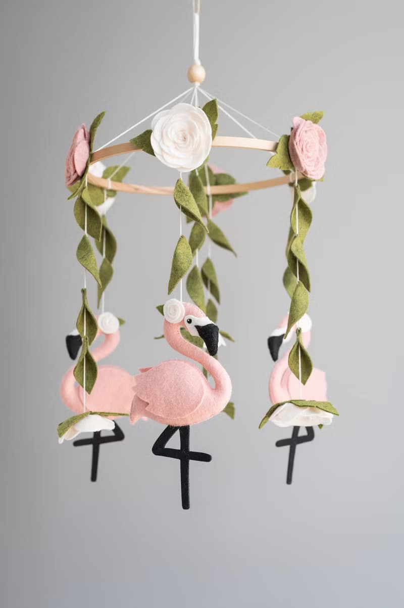 Baby mobile flamingo, pink floral mobile, nursery mobile tropical