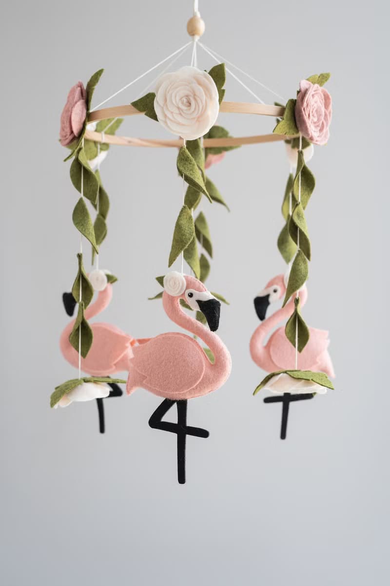 Baby mobile flamingo, pink floral mobile, nursery mobile tropical