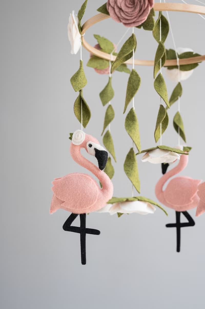 Baby mobile flamingo, pink floral mobile, nursery mobile tropical