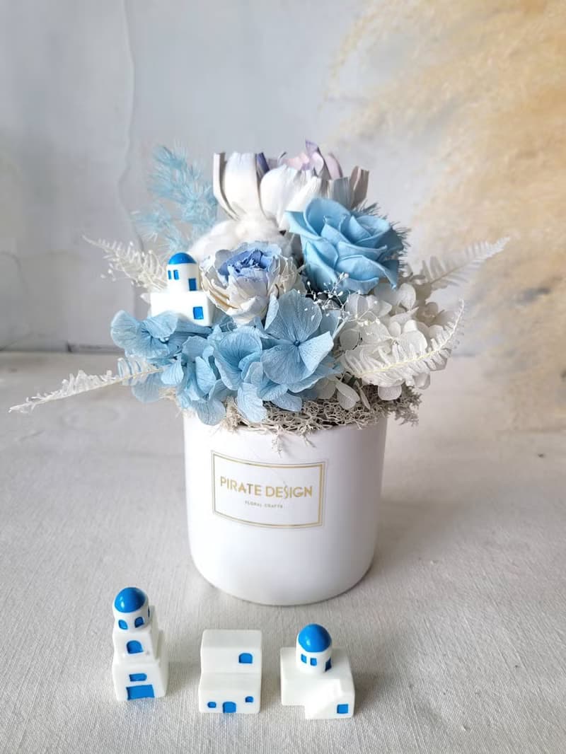 海藏設計| 愛琴海上的夢幻寶石－聖托里尼微景觀永生花盆花