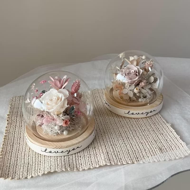 【情人節花盅】永生花盅 花束 情人節禮物 告白 奶茶色 玻璃鐘罩