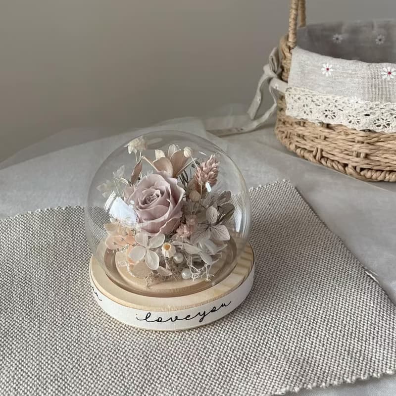 【情人節花盅】永生花盅 花束 情人節禮物 告白 奶茶色 玻璃鐘罩