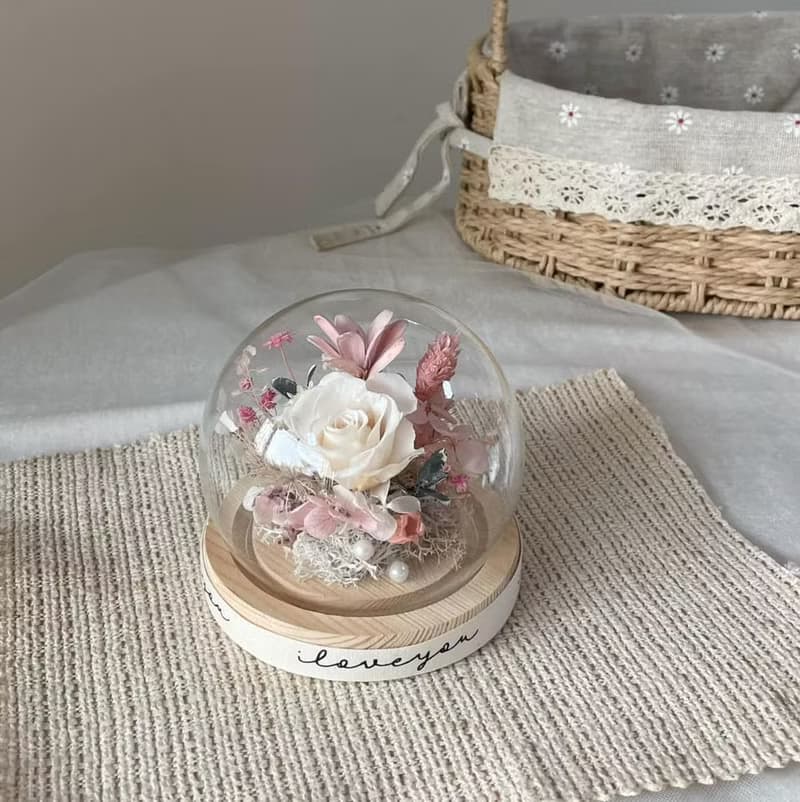 【情人節花盅】永生花盅 花束 情人節禮物 告白 奶茶色 玻璃鐘罩