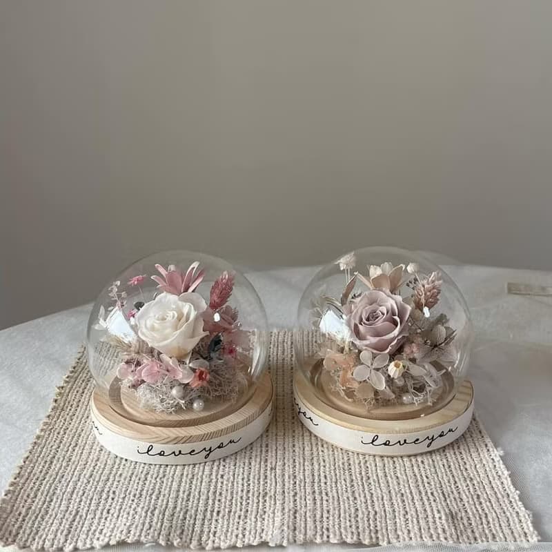 【情人節花盅】永生花盅 花束 情人節禮物 告白 奶茶色 玻璃鐘罩