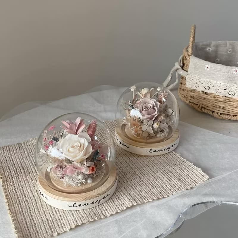 【情人節花盅】永生花盅 花束 情人節禮物 告白 奶茶色 玻璃鐘罩