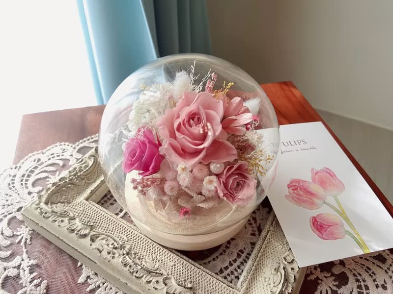 粉紅派對玻璃鐘罩 永生花 玫瑰 粉色 禮物 聖誕禮物 擺