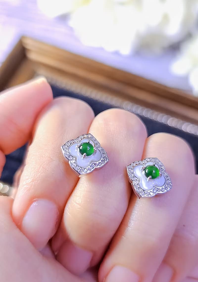 |幸運仙女|A貨翡翠冰玻綠蛋面4mm純銀鍍18k精緻四葉草耳環
