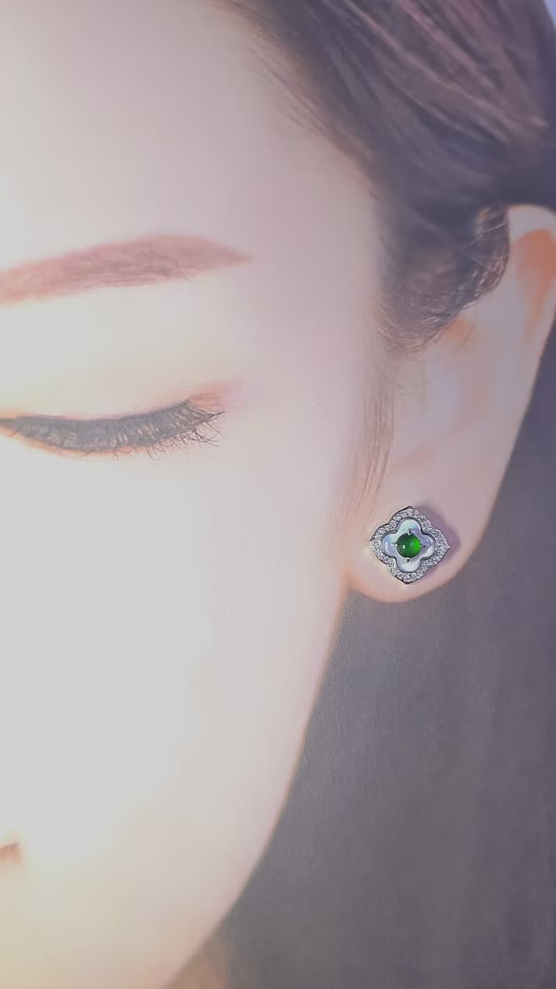 |幸運仙女|A貨翡翠冰玻綠蛋面4mm純銀鍍18k精緻四葉草耳環